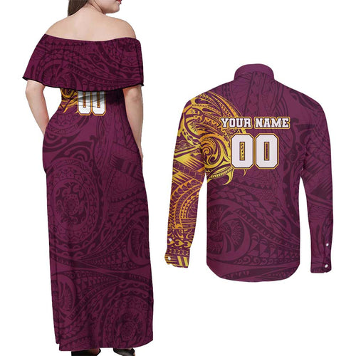Personalized Brisbane Broncos Couples Matching Off Shoulder Maxi Dress and Long Sleeve Button Shirt Polynesian Tribal Chest and Sleeve Tattoo