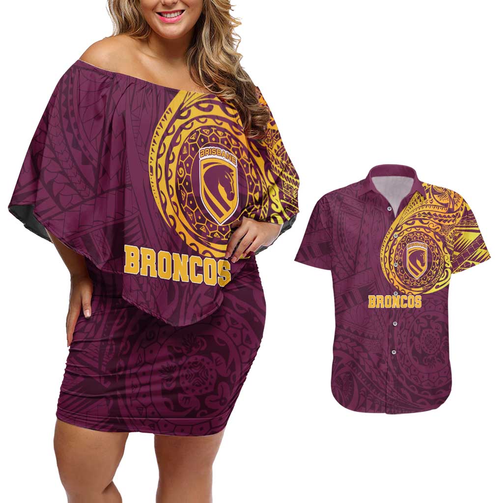 Personalized Brisbane Broncos Couples Matching Off Shoulder Short Dress and Hawaiian Shirt Polynesian Tribal Chest and Sleeve Tattoo