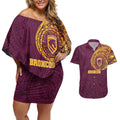 Personalized Brisbane Broncos Couples Matching Off Shoulder Short Dress and Hawaiian Shirt Polynesian Tribal Chest and Sleeve Tattoo
