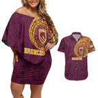 Personalized Brisbane Broncos Couples Matching Off Shoulder Short Dress and Hawaiian Shirt Polynesian Tribal Chest and Sleeve Tattoo