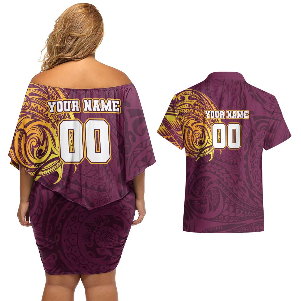 Personalized Brisbane Broncos Couples Matching Off Shoulder Short Dress and Hawaiian Shirt Polynesian Tribal Chest and Sleeve Tattoo