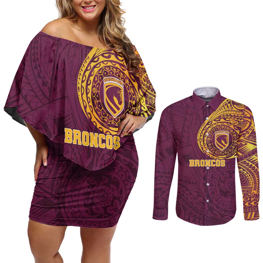 Personalized Brisbane Broncos Couples Matching Off Shoulder Short Dress and Long Sleeve Button Shirt Polynesian Tribal Chest and Sleeve Tattoo