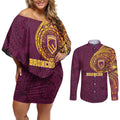 Personalized Brisbane Broncos Couples Matching Off Shoulder Short Dress and Long Sleeve Button Shirt Polynesian Tribal Chest and Sleeve Tattoo