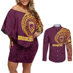 Personalized Brisbane Broncos Couples Matching Off Shoulder Short Dress and Long Sleeve Button Shirt Polynesian Tribal Chest and Sleeve Tattoo