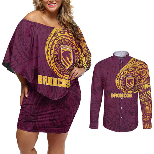 Personalized Brisbane Broncos Couples Matching Off Shoulder Short Dress and Long Sleeve Button Shirt Polynesian Tribal Chest and Sleeve Tattoo