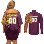 Personalized Brisbane Broncos Couples Matching Off Shoulder Short Dress and Long Sleeve Button Shirt Polynesian Tribal Chest and Sleeve Tattoo