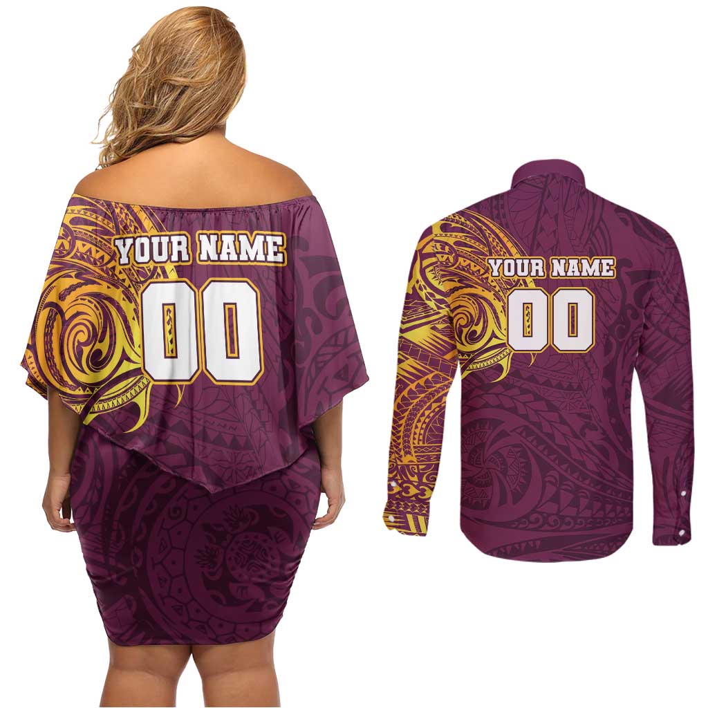 Personalized Brisbane Broncos Couples Matching Off Shoulder Short Dress and Long Sleeve Button Shirt Polynesian Tribal Chest and Sleeve Tattoo