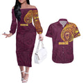 Personalized Brisbane Broncos Couples Matching Off The Shoulder Long Sleeve Dress and Hawaiian Shirt Polynesian Tribal Chest and Sleeve Tattoo