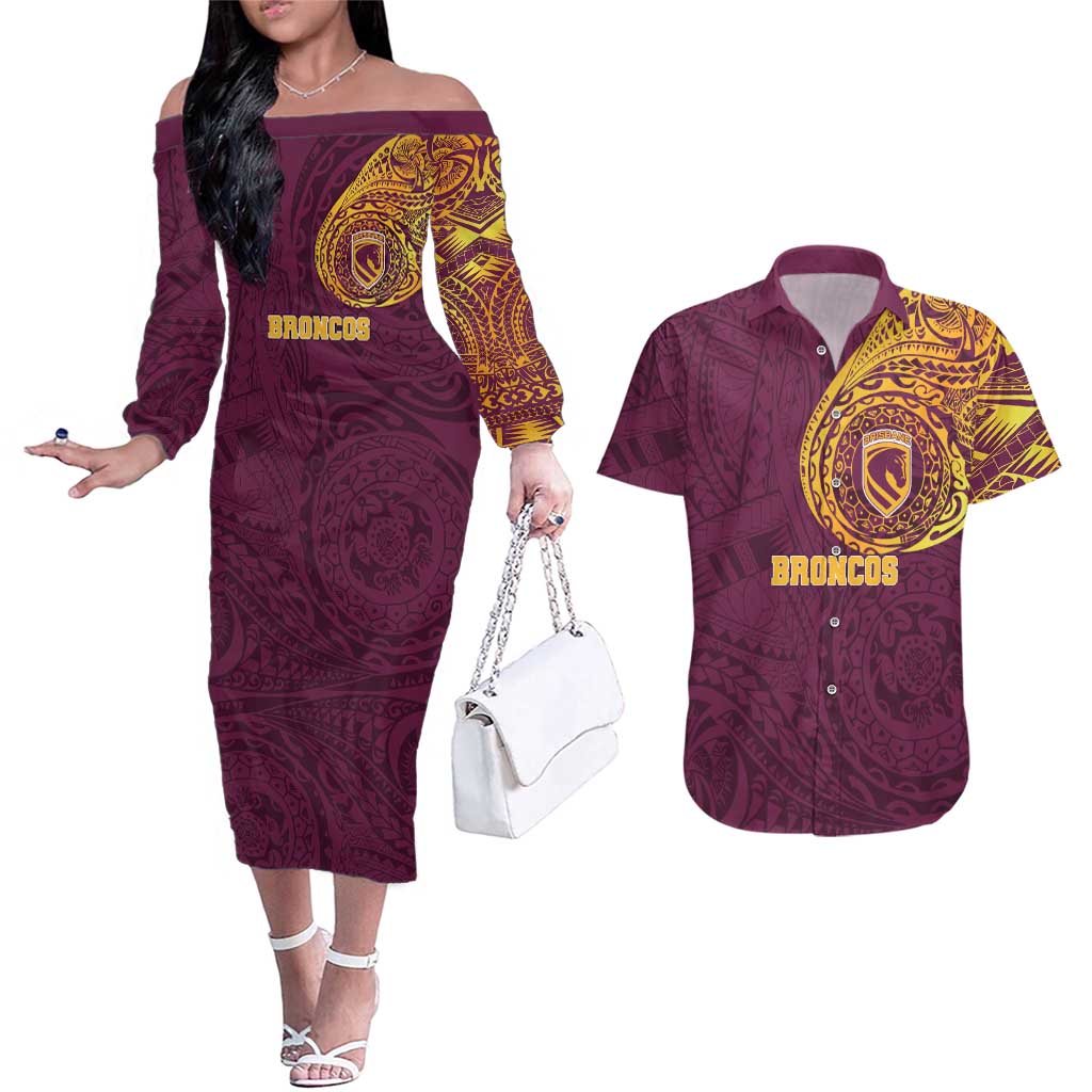 Personalized Brisbane Broncos Couples Matching Off The Shoulder Long Sleeve Dress and Hawaiian Shirt Polynesian Tribal Chest and Sleeve Tattoo