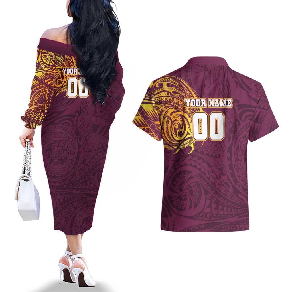 Personalized Brisbane Broncos Couples Matching Off The Shoulder Long Sleeve Dress and Hawaiian Shirt Polynesian Tribal Chest and Sleeve Tattoo