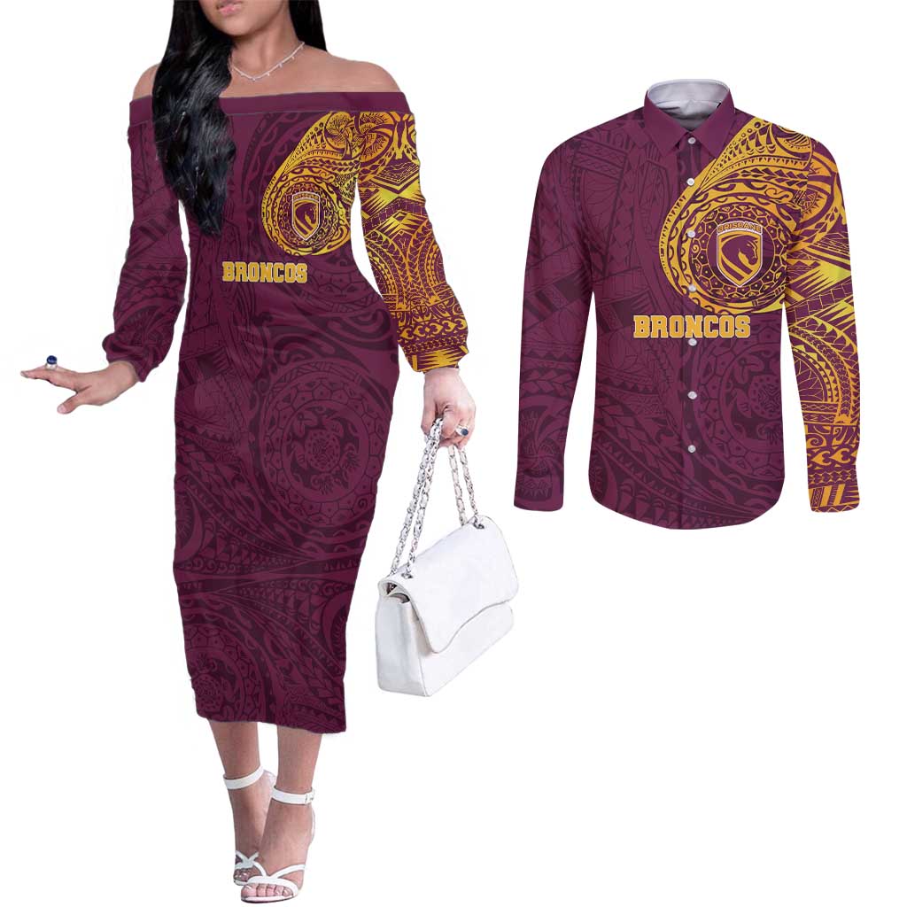 Personalized Brisbane Broncos Couples Matching Off The Shoulder Long Sleeve Dress and Long Sleeve Button Shirt Polynesian Tribal Chest and Sleeve Tattoo