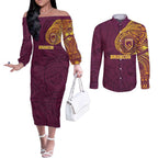 Personalized Brisbane Broncos Couples Matching Off The Shoulder Long Sleeve Dress and Long Sleeve Button Shirt Polynesian Tribal Chest and Sleeve Tattoo