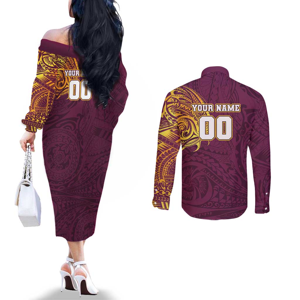 Personalized Brisbane Broncos Couples Matching Off The Shoulder Long Sleeve Dress and Long Sleeve Button Shirt Polynesian Tribal Chest and Sleeve Tattoo