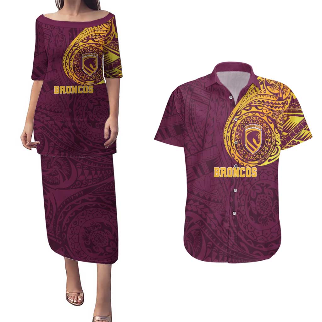 Personalized Brisbane Broncos Couples Matching Puletasi and Hawaiian Shirt Polynesian Tribal Chest and Sleeve Tattoo