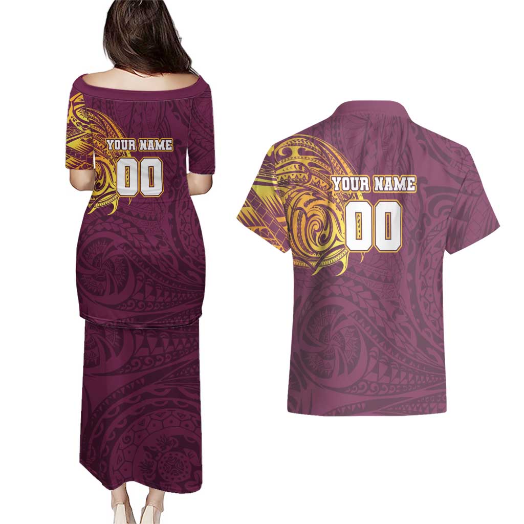 Personalized Brisbane Broncos Couples Matching Puletasi and Hawaiian Shirt Polynesian Tribal Chest and Sleeve Tattoo
