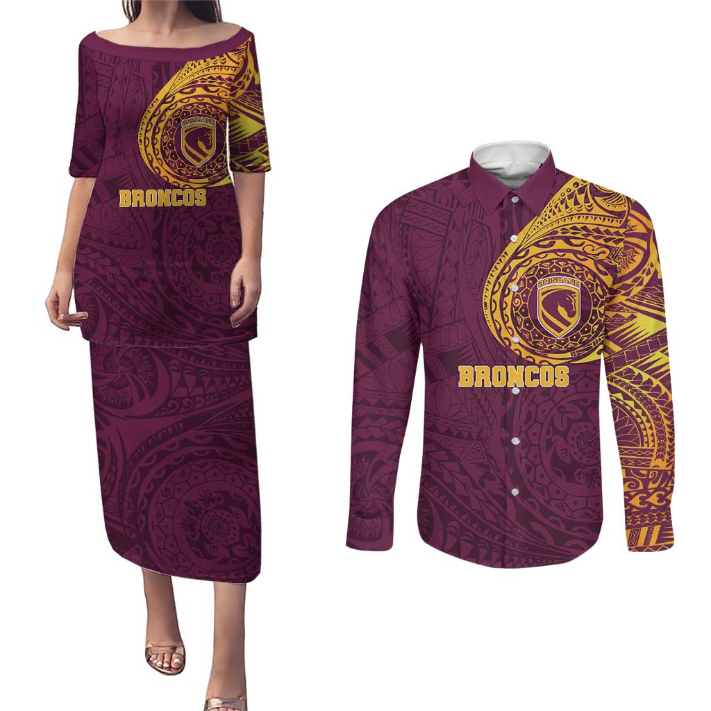 Personalized Brisbane Broncos Couples Matching Puletasi and Long Sleeve Button Shirt Polynesian Tribal Chest and Sleeve Tattoo