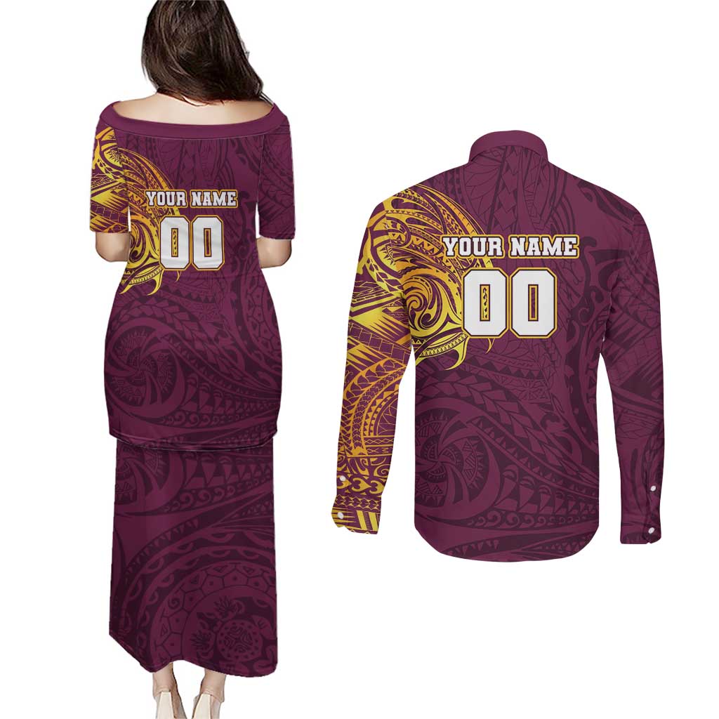 Personalized Brisbane Broncos Couples Matching Puletasi and Long Sleeve Button Shirt Polynesian Tribal Chest and Sleeve Tattoo
