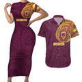 Personalized Brisbane Broncos Couples Matching Short Sleeve Bodycon Dress and Hawaiian Shirt Polynesian Tribal Chest and Sleeve Tattoo
