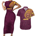 Personalized Brisbane Broncos Couples Matching Short Sleeve Bodycon Dress and Hawaiian Shirt Polynesian Tribal Chest and Sleeve Tattoo