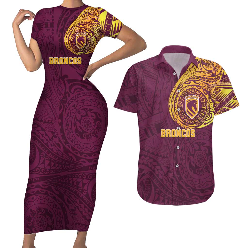 Personalized Brisbane Broncos Couples Matching Short Sleeve Bodycon Dress and Hawaiian Shirt Polynesian Tribal Chest and Sleeve Tattoo