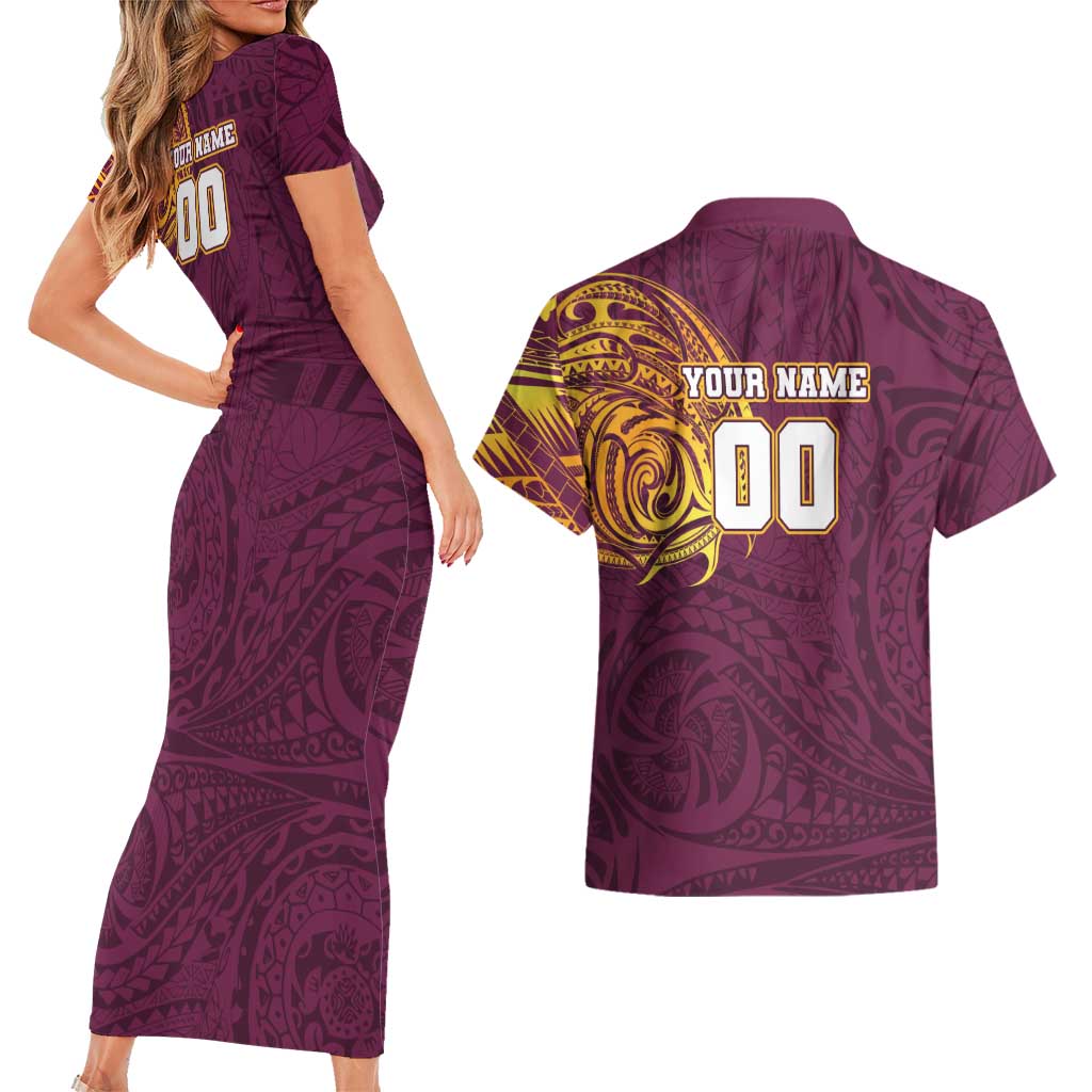 Personalized Brisbane Broncos Couples Matching Short Sleeve Bodycon Dress and Hawaiian Shirt Polynesian Tribal Chest and Sleeve Tattoo