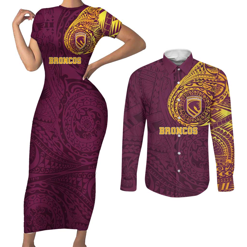 Personalized Brisbane Broncos Couples Matching Short Sleeve Bodycon Dress and Long Sleeve Button Shirt Polynesian Tribal Chest and Sleeve Tattoo