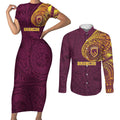 Personalized Brisbane Broncos Couples Matching Short Sleeve Bodycon Dress and Long Sleeve Button Shirt Polynesian Tribal Chest and Sleeve Tattoo