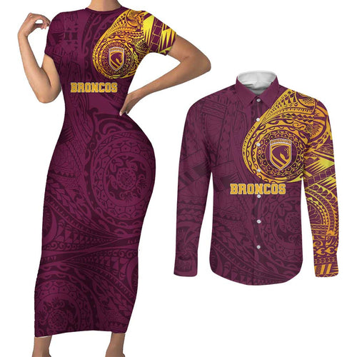 Personalized Brisbane Broncos Couples Matching Short Sleeve Bodycon Dress and Long Sleeve Button Shirt Polynesian Tribal Chest and Sleeve Tattoo