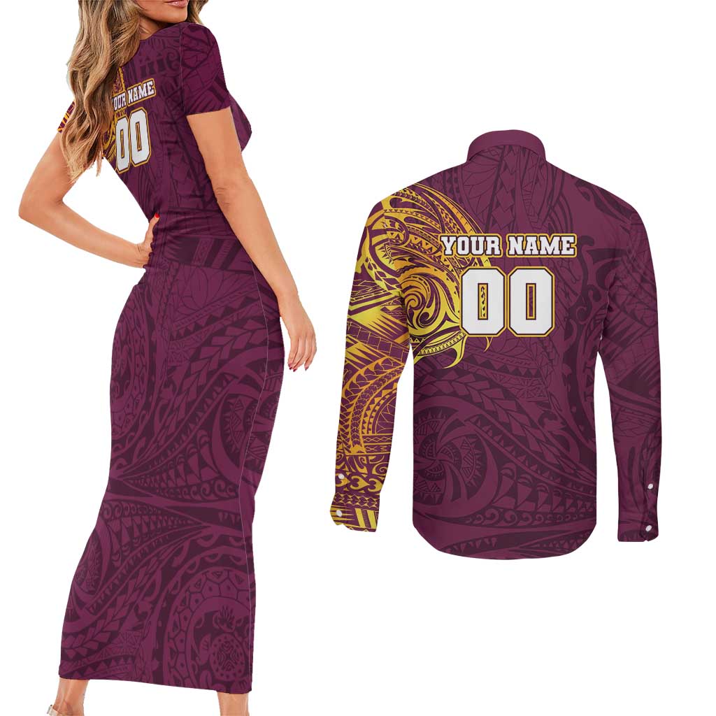 Personalized Brisbane Broncos Couples Matching Short Sleeve Bodycon Dress and Long Sleeve Button Shirt Polynesian Tribal Chest and Sleeve Tattoo