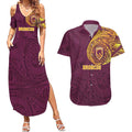 Personalized Brisbane Broncos Couples Matching Summer Maxi Dress and Hawaiian Shirt Polynesian Tribal Chest and Sleeve Tattoo