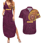 Personalized Brisbane Broncos Couples Matching Summer Maxi Dress and Hawaiian Shirt Polynesian Tribal Chest and Sleeve Tattoo