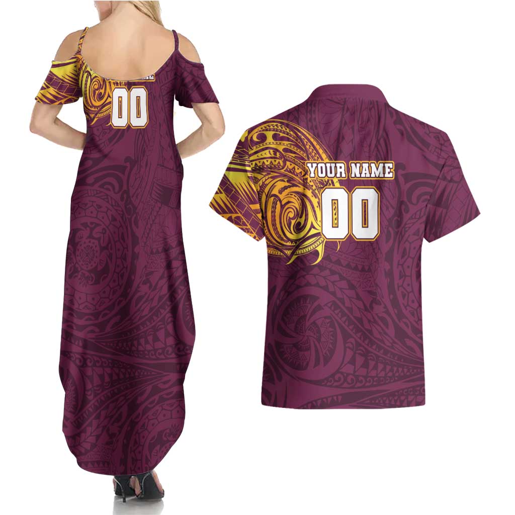 Personalized Brisbane Broncos Couples Matching Summer Maxi Dress and Hawaiian Shirt Polynesian Tribal Chest and Sleeve Tattoo