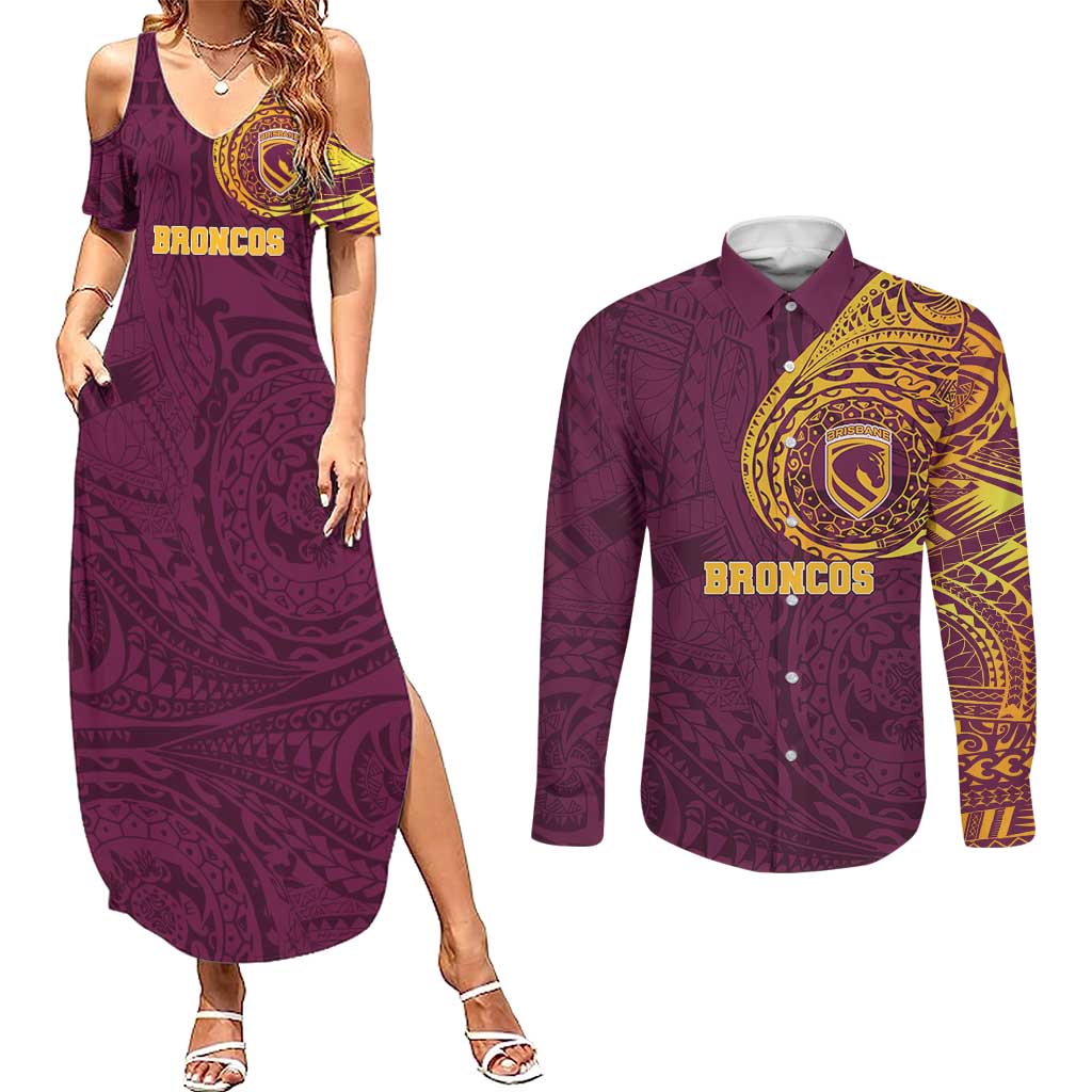 Personalized Brisbane Broncos Couples Matching Summer Maxi Dress and Long Sleeve Button Shirt Polynesian Tribal Chest and Sleeve Tattoo