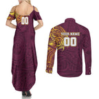 Personalized Brisbane Broncos Couples Matching Summer Maxi Dress and Long Sleeve Button Shirt Polynesian Tribal Chest and Sleeve Tattoo