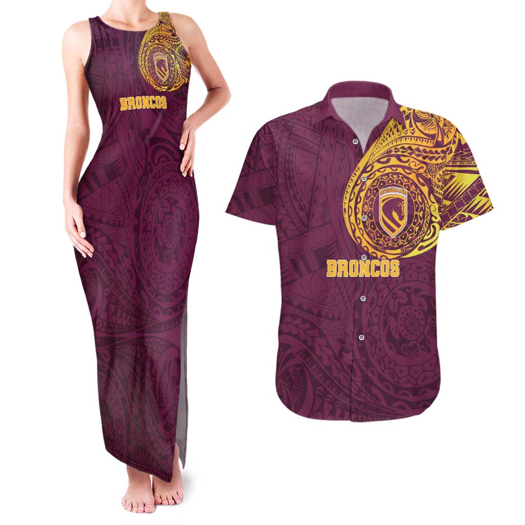 Personalized Brisbane Broncos Couples Matching Tank Maxi Dress and Hawaiian Shirt Polynesian Tribal Chest and Sleeve Tattoo