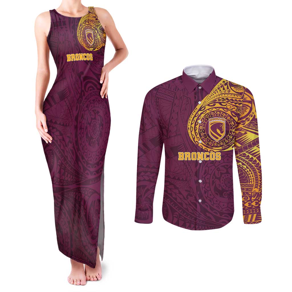 Personalized Brisbane Broncos Couples Matching Tank Maxi Dress and Long Sleeve Button Shirt Polynesian Tribal Chest and Sleeve Tattoo