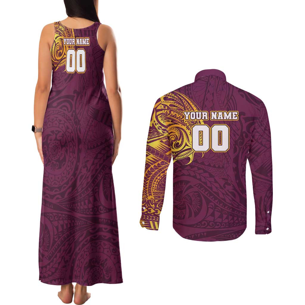 Personalized Brisbane Broncos Couples Matching Tank Maxi Dress and Long Sleeve Button Shirt Polynesian Tribal Chest and Sleeve Tattoo