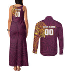 Personalized Brisbane Broncos Couples Matching Tank Maxi Dress and Long Sleeve Button Shirt Polynesian Tribal Chest and Sleeve Tattoo