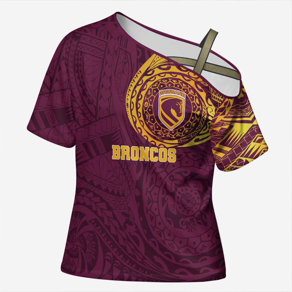 Personalized Brisbane Broncos Cross Shoulder Shirt Polynesian Tribal Chest and Sleeve Tattoo