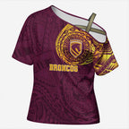Personalized Brisbane Broncos Cross Shoulder Shirt Polynesian Tribal Chest and Sleeve Tattoo
