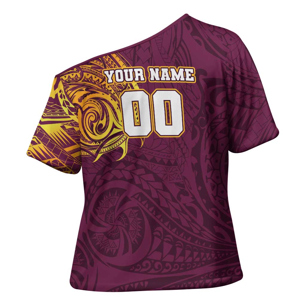 Personalized Brisbane Broncos Cross Shoulder Shirt Polynesian Tribal Chest and Sleeve Tattoo