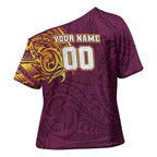 Personalized Brisbane Broncos Cross Shoulder Shirt Polynesian Tribal Chest and Sleeve Tattoo