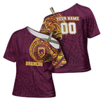 Personalized Brisbane Broncos Cross Shoulder Shirt Polynesian Tribal Chest and Sleeve Tattoo