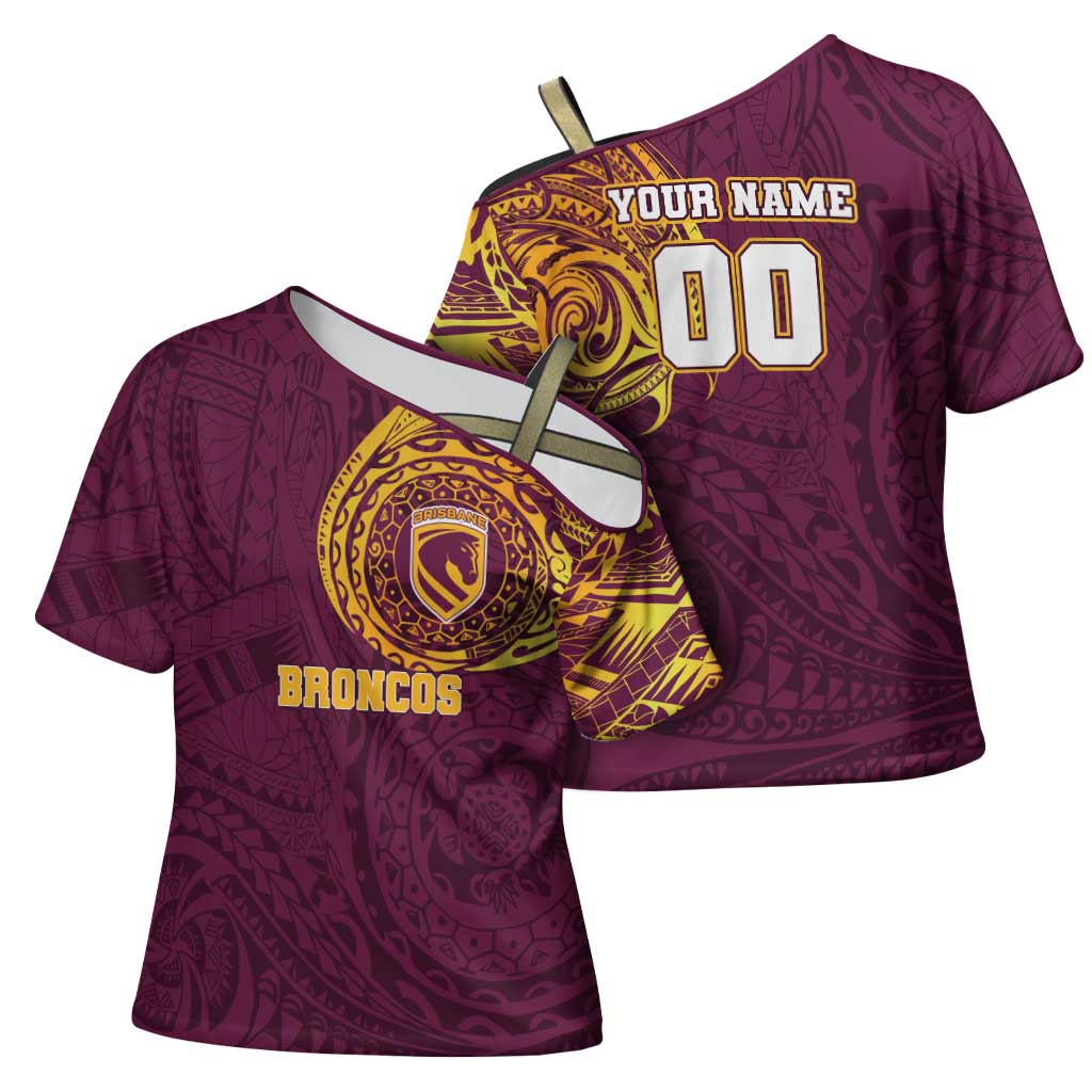 Personalized Brisbane Broncos Cross Shoulder Shirt Polynesian Tribal Chest and Sleeve Tattoo