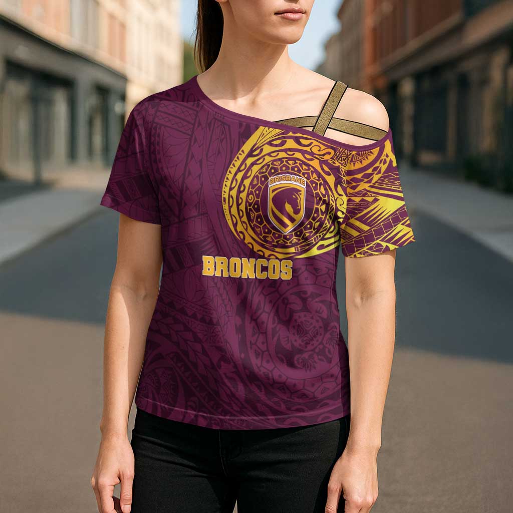 Personalized Brisbane Broncos Cross Shoulder Shirt Polynesian Tribal Chest and Sleeve Tattoo