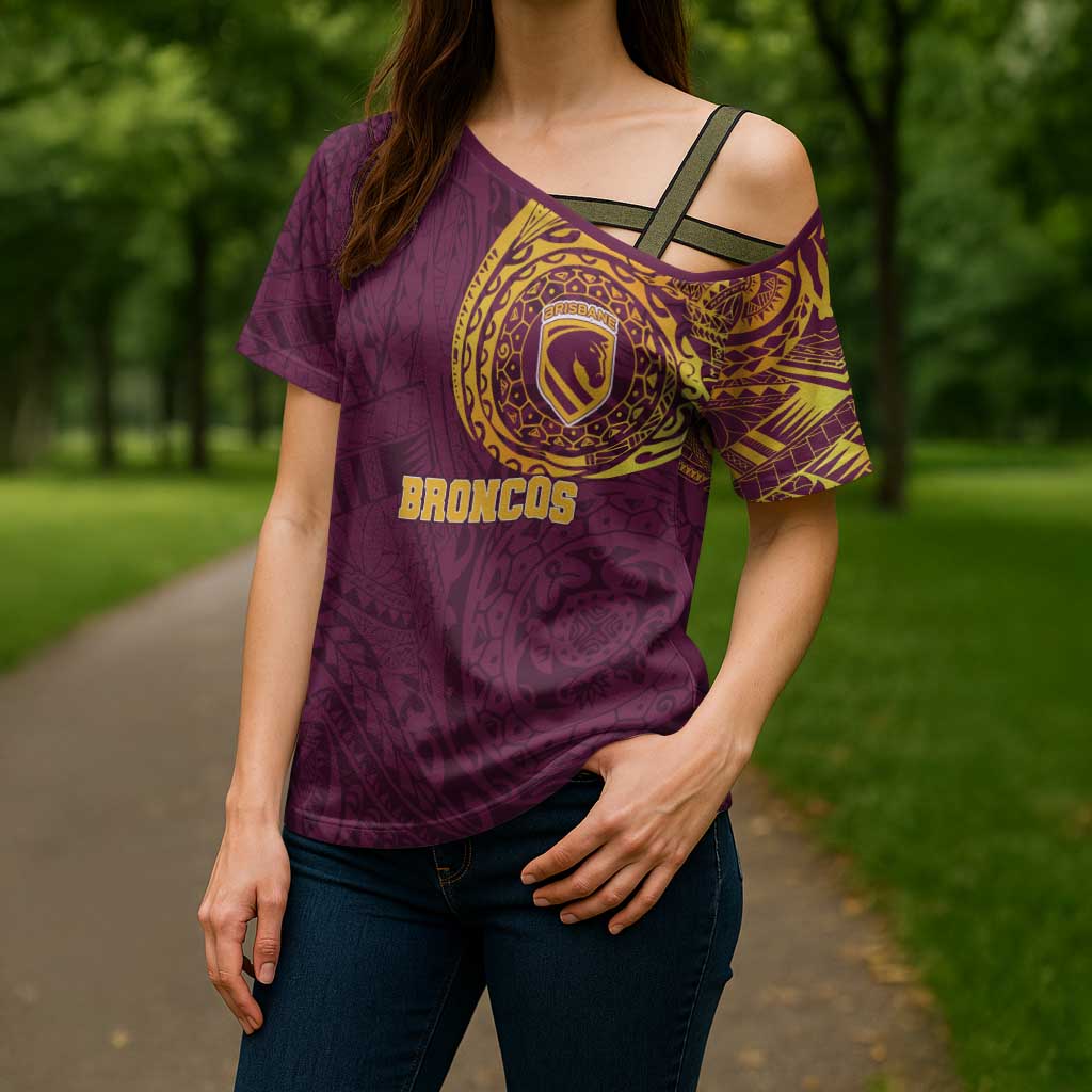 Personalized Brisbane Broncos Cross Shoulder Shirt Polynesian Tribal Chest and Sleeve Tattoo