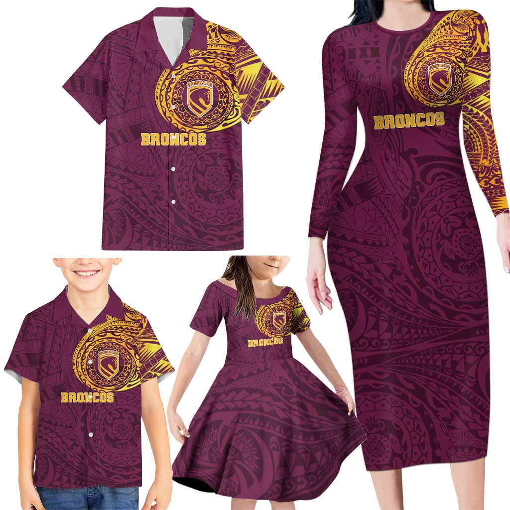 Personalized Brisbane Broncos Family Matching Long Sleeve Bodycon Dress and Hawaiian Shirt Polynesian Tribal Chest and Sleeve Tattoo