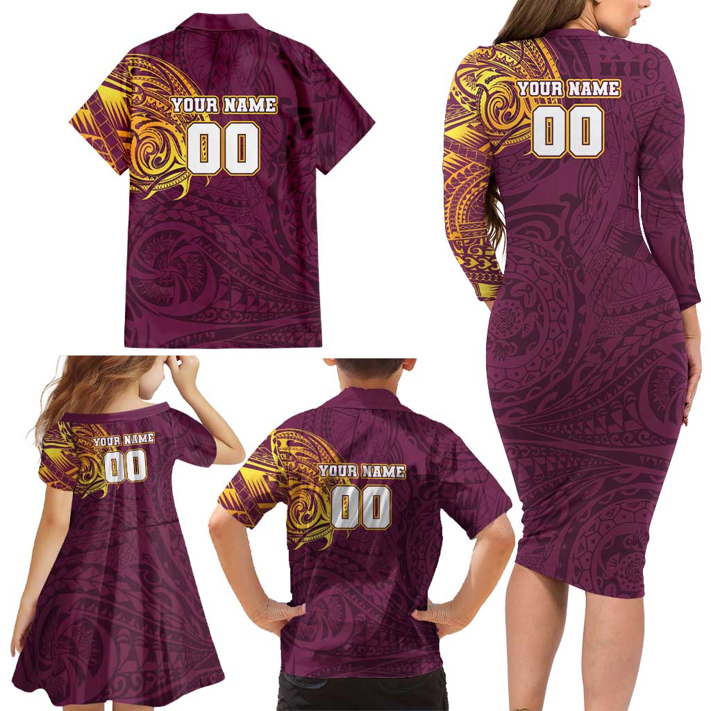 Personalized Brisbane Broncos Family Matching Long Sleeve Bodycon Dress and Hawaiian Shirt Polynesian Tribal Chest and Sleeve Tattoo