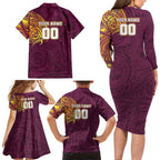 Personalized Brisbane Broncos Family Matching Long Sleeve Bodycon Dress and Hawaiian Shirt Polynesian Tribal Chest and Sleeve Tattoo