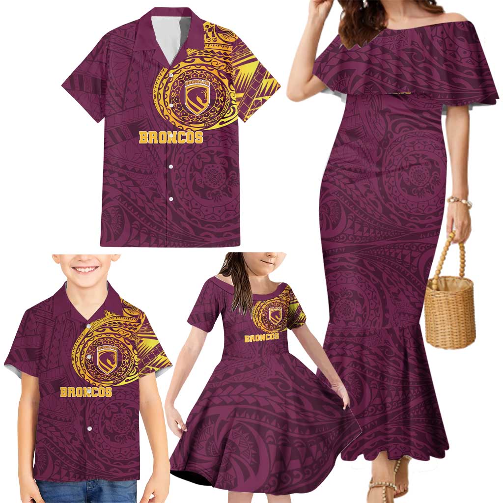 Personalized Brisbane Broncos Family Matching Mermaid Dress and Hawaiian Shirt Polynesian Tribal Chest and Sleeve Tattoo